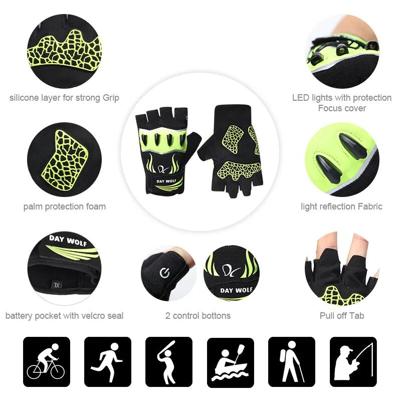 Cycling or Fishing Gloves with Led Lights and Touch Screen Fingertips