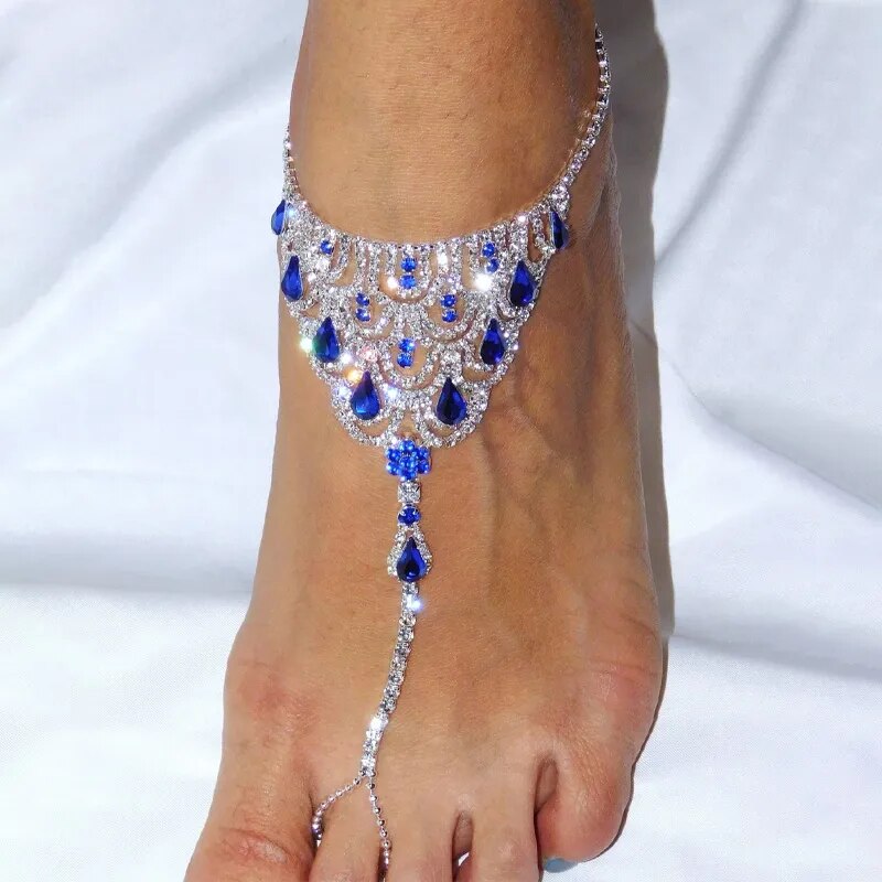 Royal Blue Rhinestone Barefoot Anklet / High Heels Toe Ring