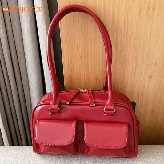 Retro Red Women's Leather Multi Pocket Luxury Handbag / Purse