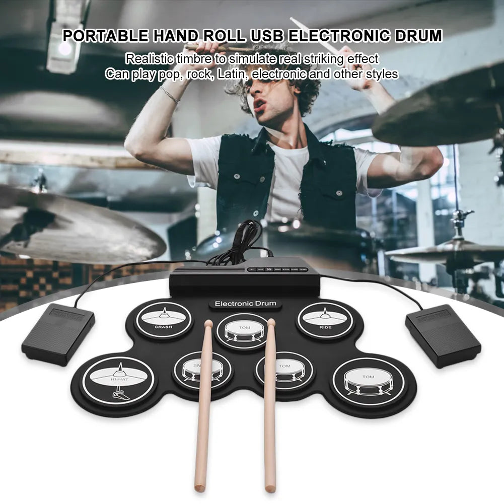 Portable Practice Drums Kit 7-Pad Kit With Drumsticks Sustain Pedal