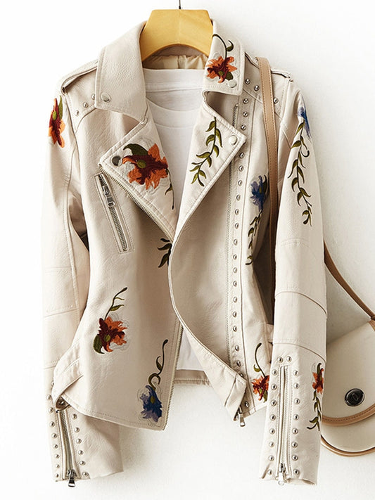 Women Retro Floral Print Embroidery Faux Soft Leather Jacket Coat (also in Black)