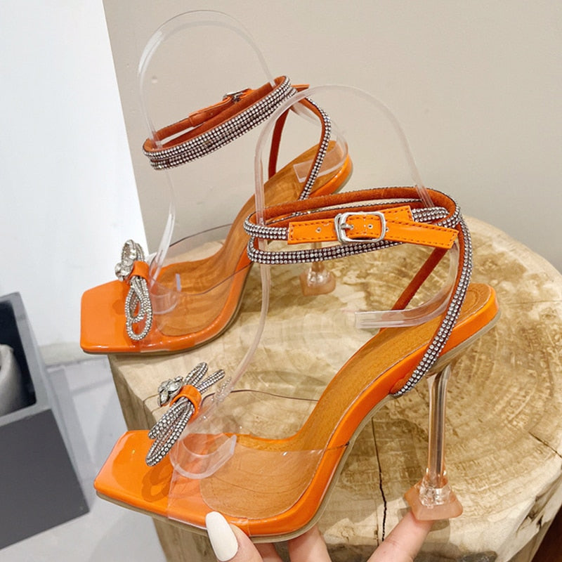 Liyke Summer Party Wedding Sandals Ladies 2023 Fashion Crystal Rhinestone Bowknot High Heels PVC Transparent Shoes Women Pumps