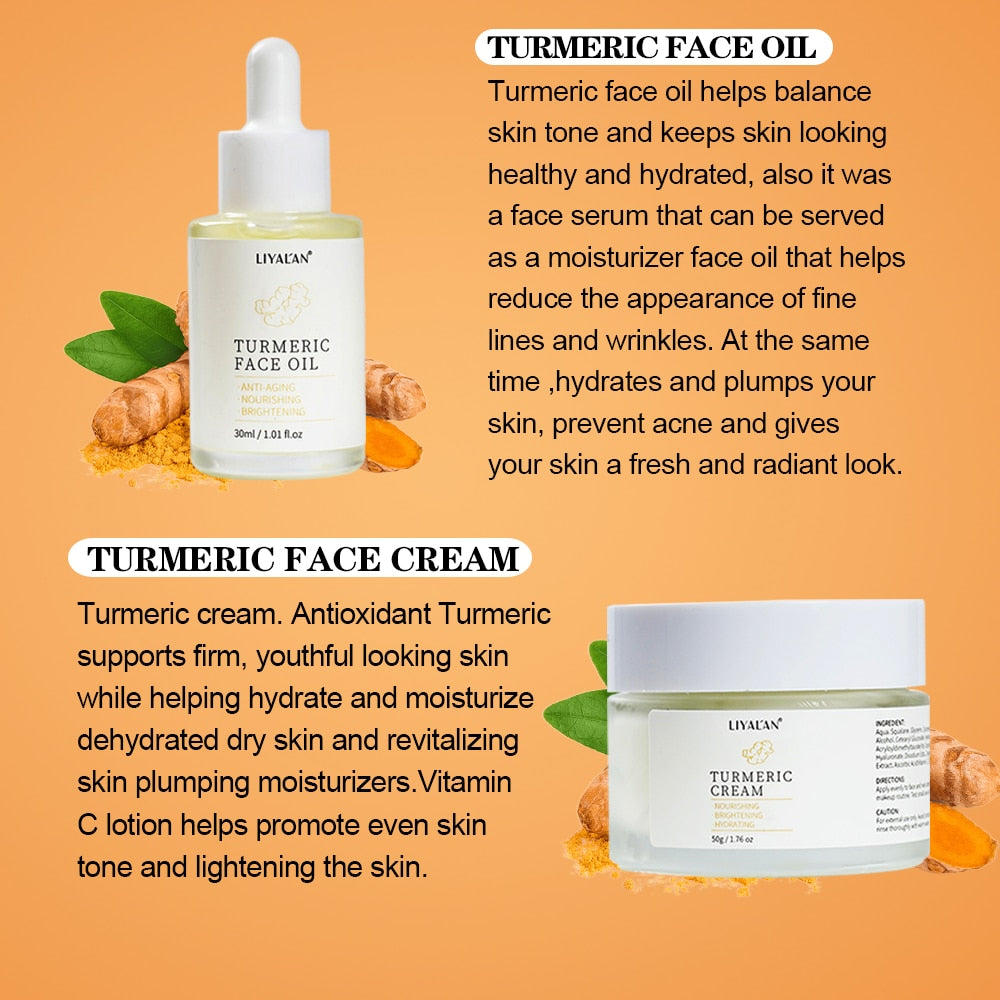 Turmeric Face Skin Care Set Lighten Dark Spots Brightening Anti Acne Aging Serum Oil